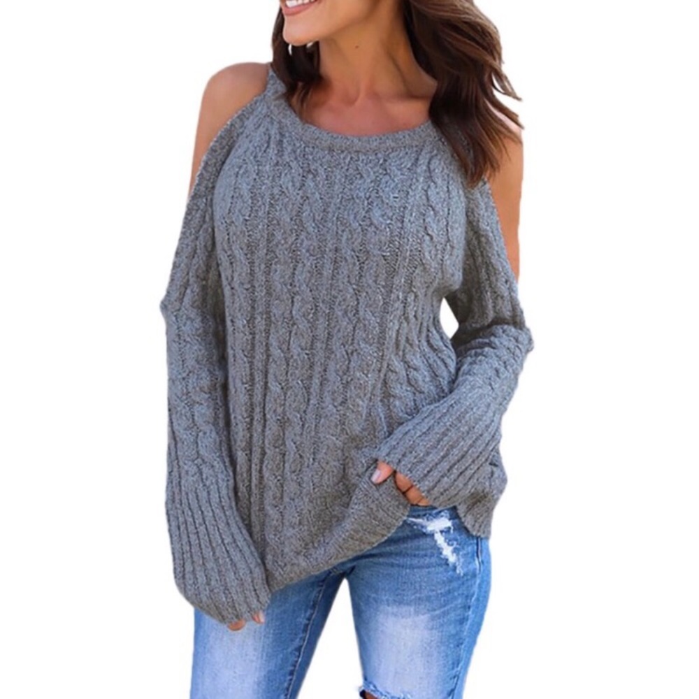 New cable knit off the shoulder gray sweater